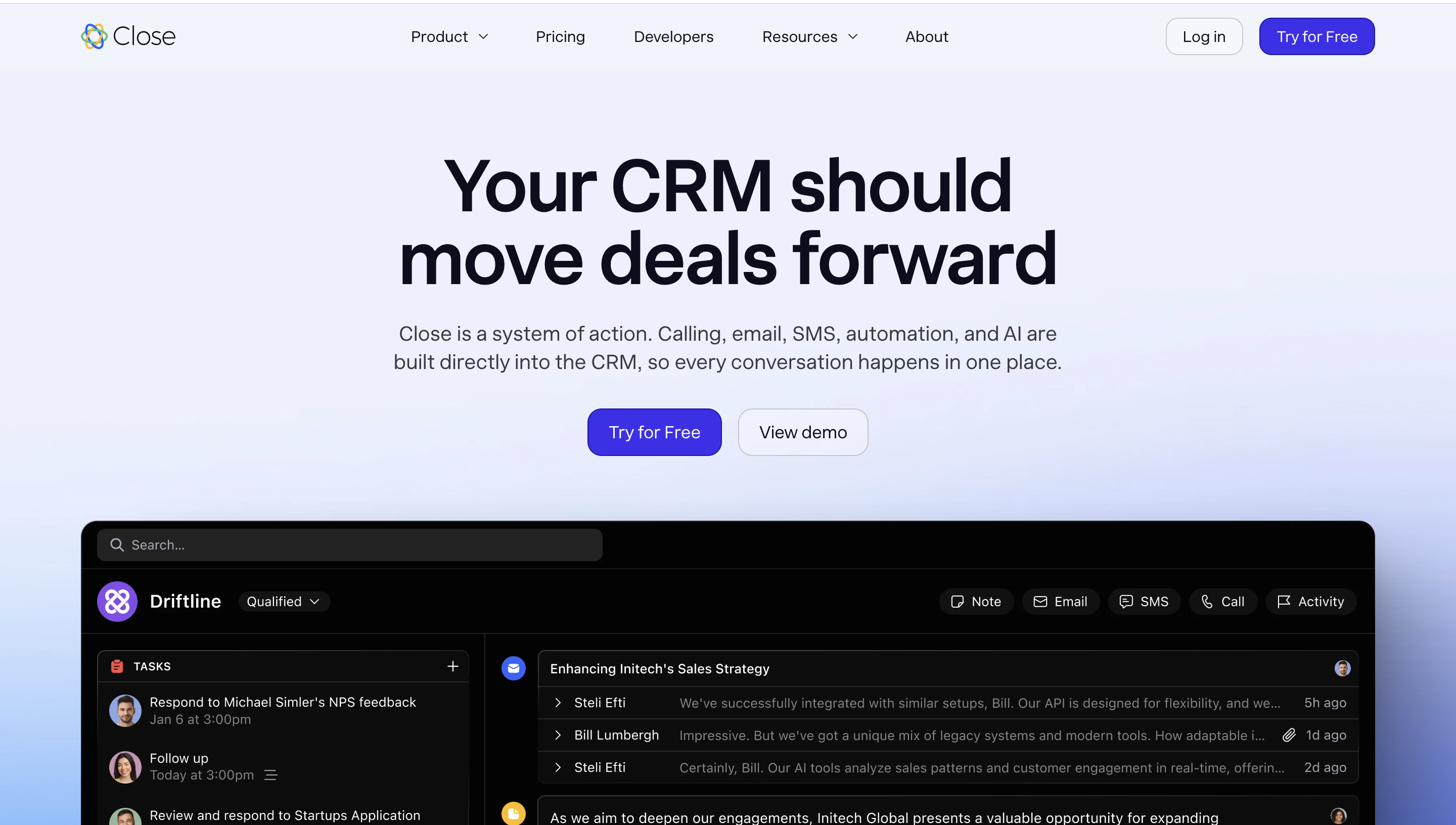 landing page of close crm